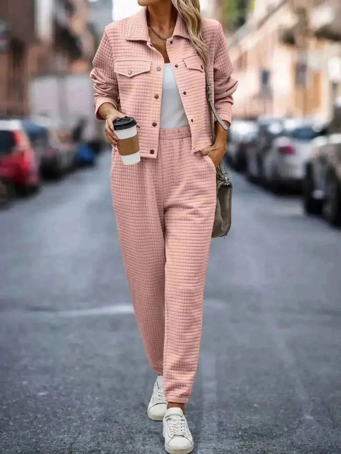 Plaid Texture Snap Down Top and Pants Set - Bad Moms Club