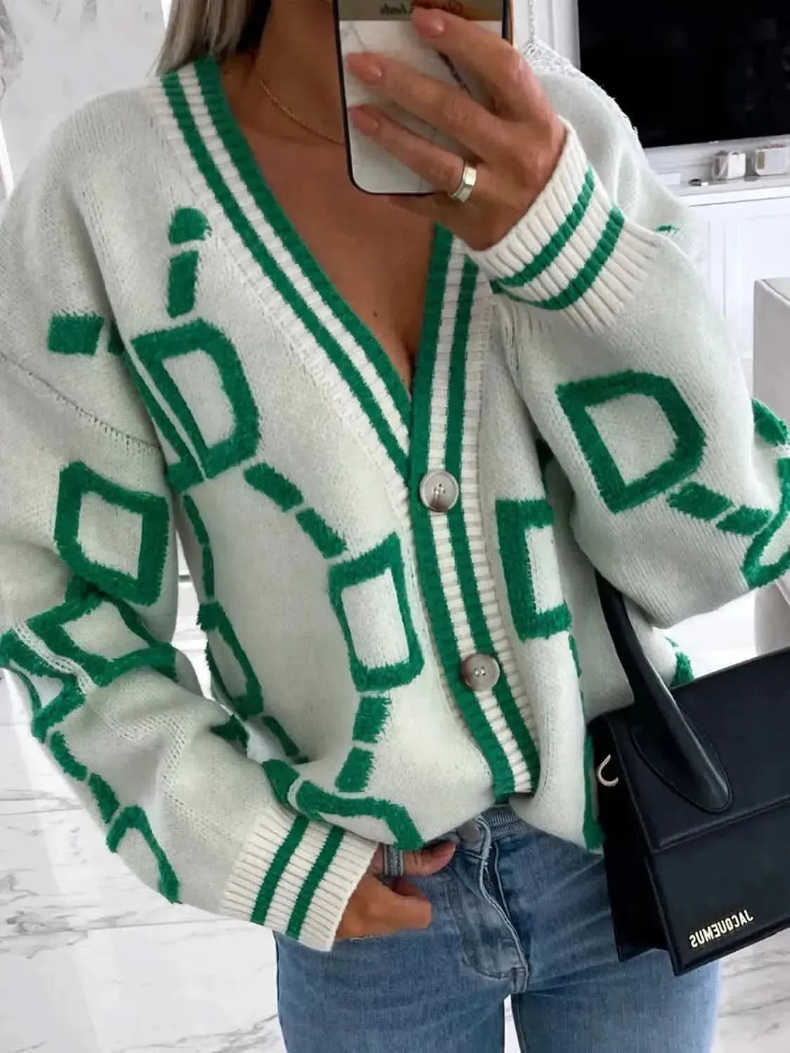 Geometric Dropped Shoulder Button Down Cardigan - Bad Moms Club