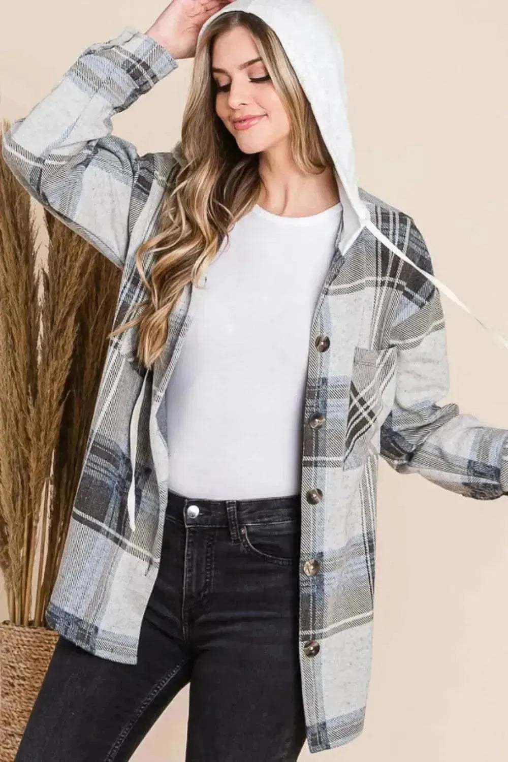 Reborn J Plaid Button Up Drawstring Hooded Jacket - Bad Moms Club