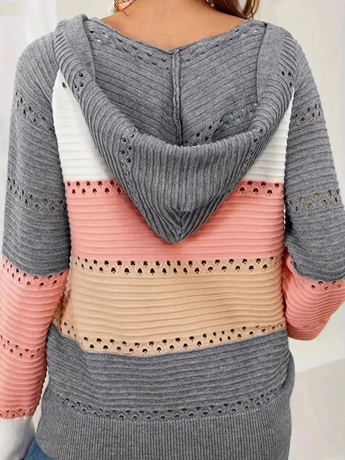 Lace-Up Contrast Long Sleeve Hooded Sweater - Bad Moms Club