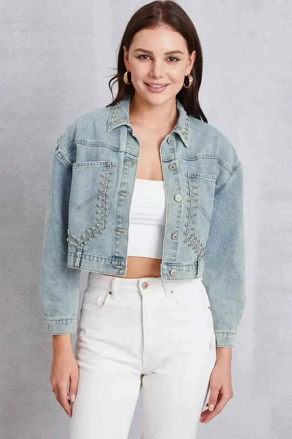 Studded Dropped Shoulder Denim Jacket - Bad Moms Club