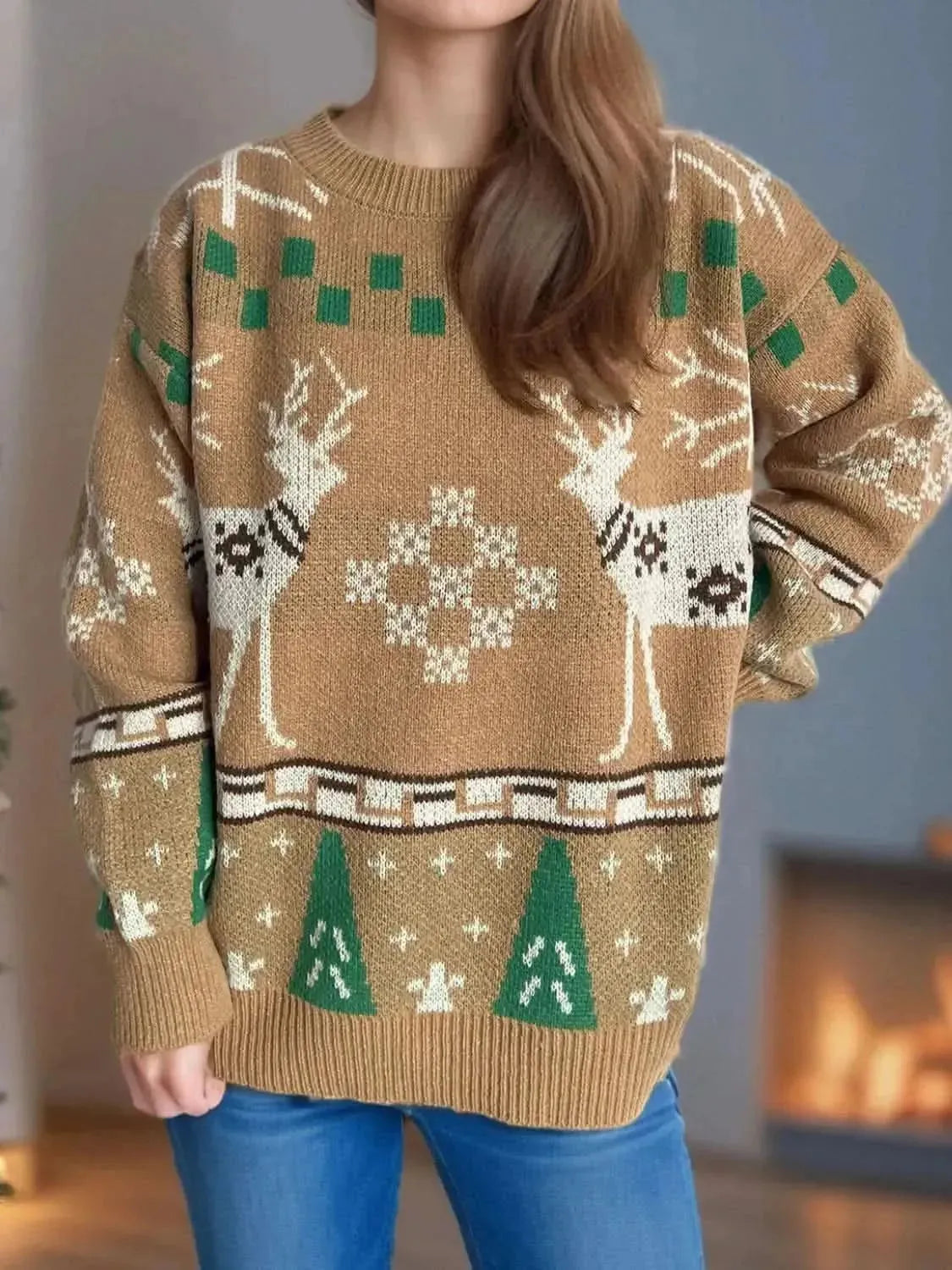 Christmas Element Round Neck Long Sleeve Sweater - Bad Moms Club