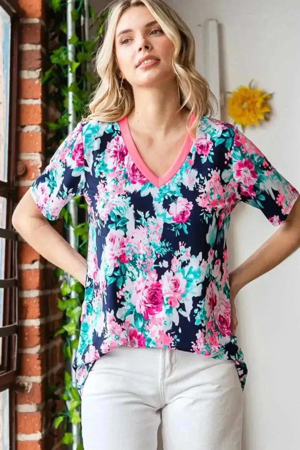 Heimish Full Size Floral V-Neck Short Sleeve T-Shirt - Bad Moms Club