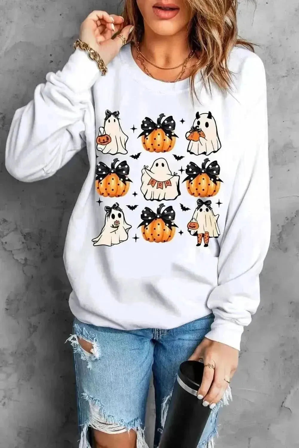 Pumpkin & Ghost Round Neck Long Sleeve Sweatshirt - Bad Moms Club