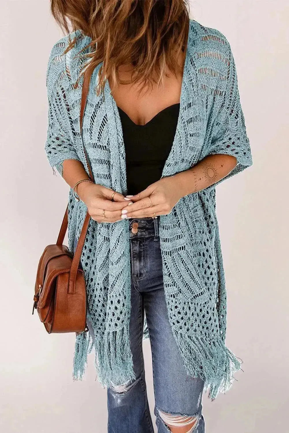 Openwork Open Front Cardigan with Fringes - Bad Moms Club