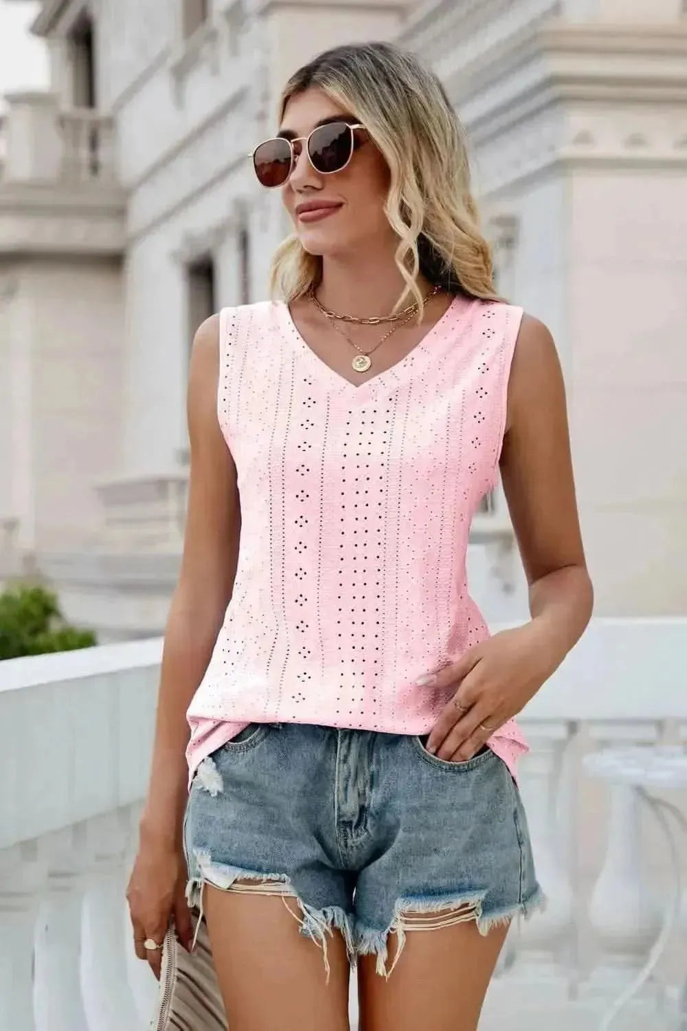 Eyelet V-Neck Tank - Bad Moms Club