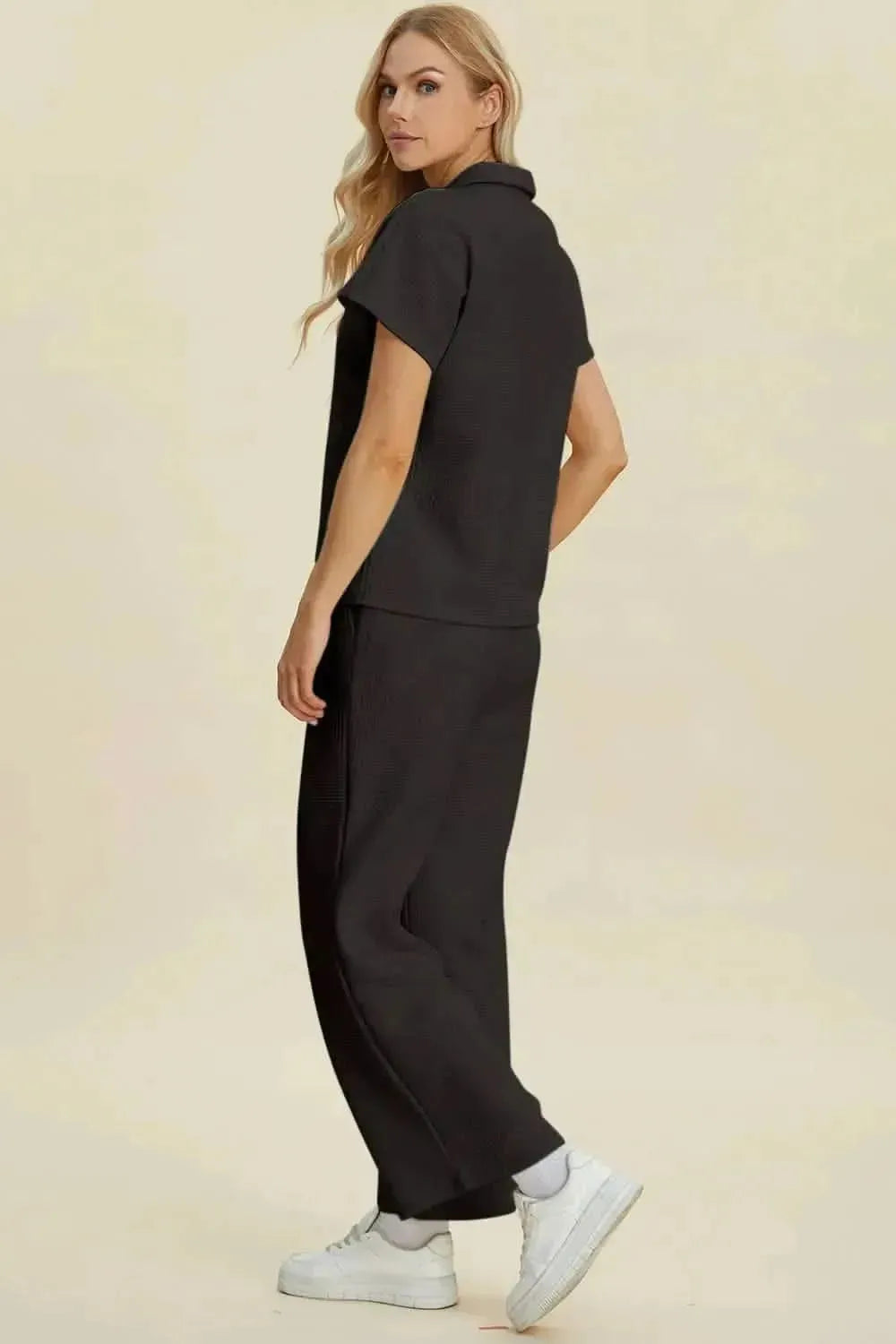 Double Take Full Size Collared Neck Short Sleeve Top and Pants Set - Bad Moms Club