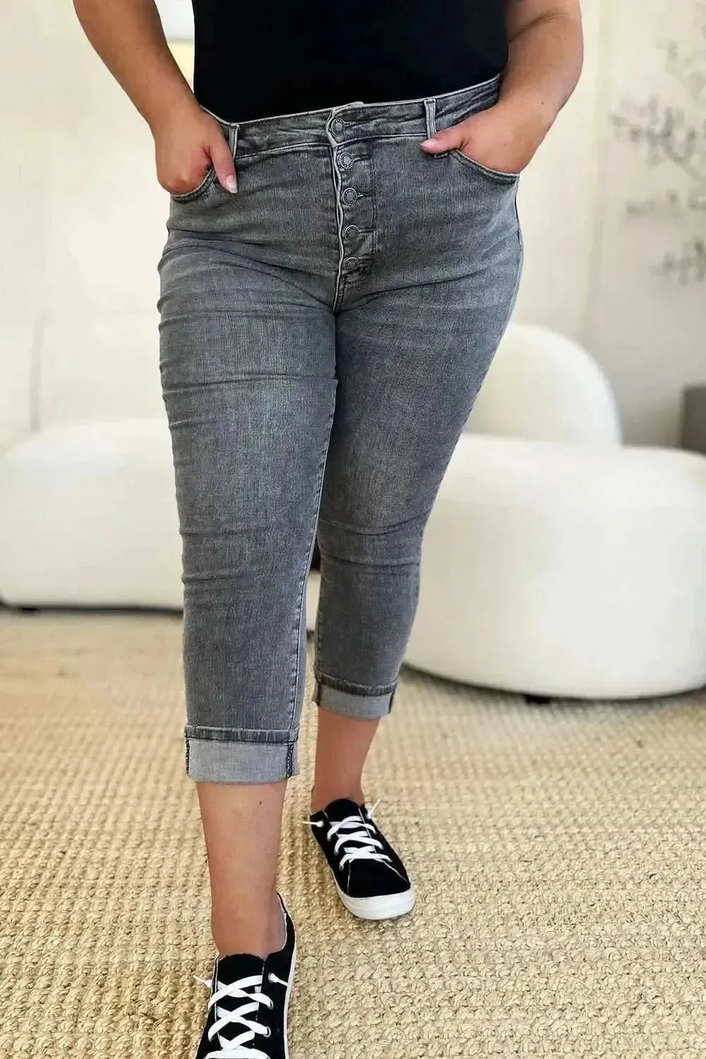 Judy Blue Full Size Button Fly High Waist Cuffed Capris - Bad Moms Club