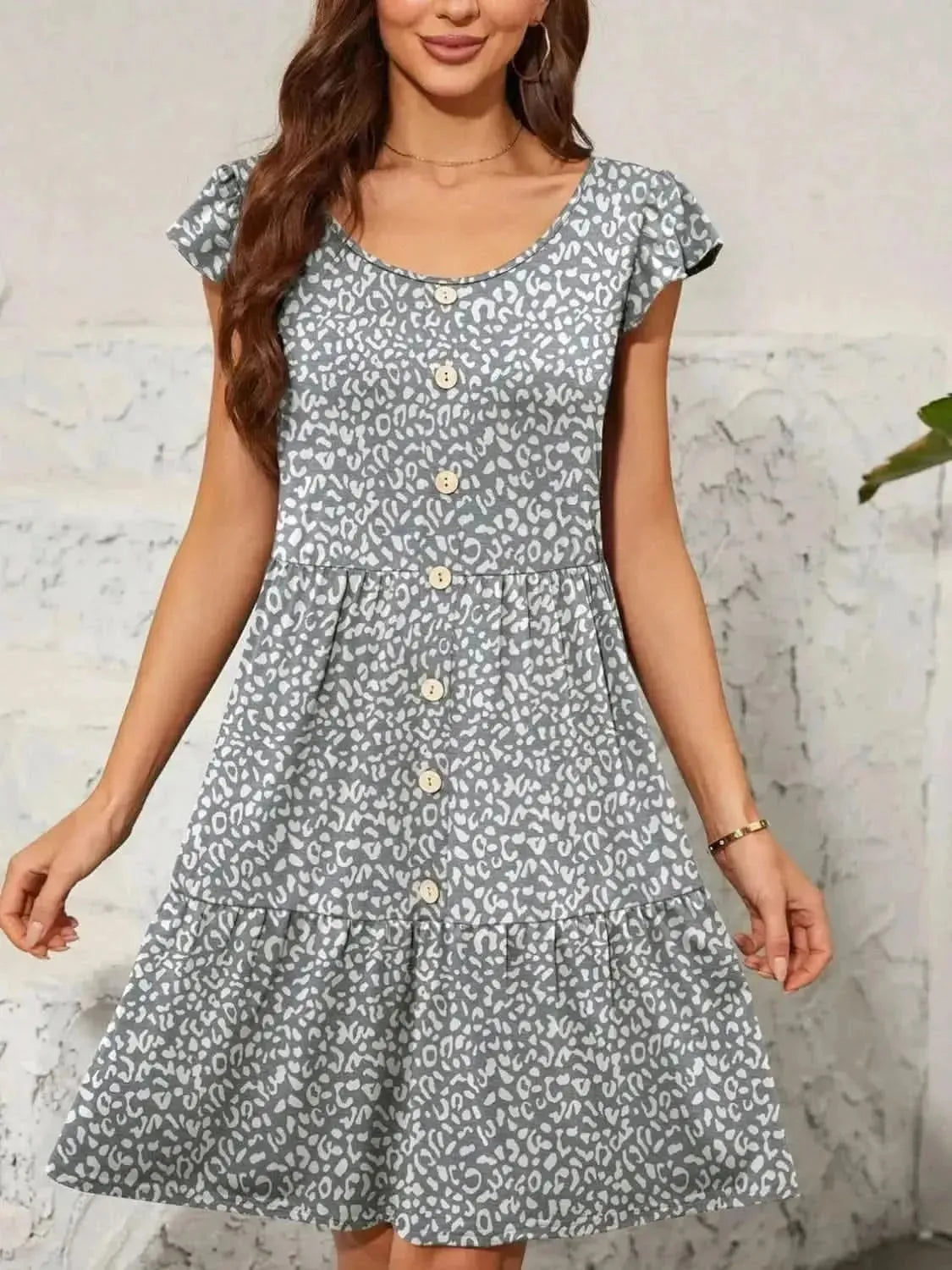 Leopard Round Neck Cap Sleeve Mini Dress - Bad Moms Club