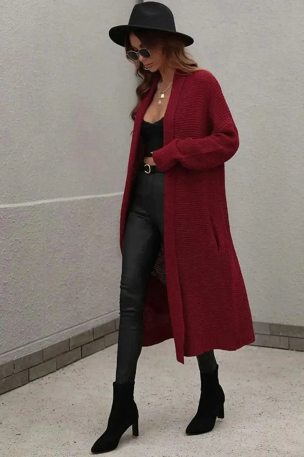 Waffle Knit Open Front Duster Cardigan With Pockets - Bad Moms Club