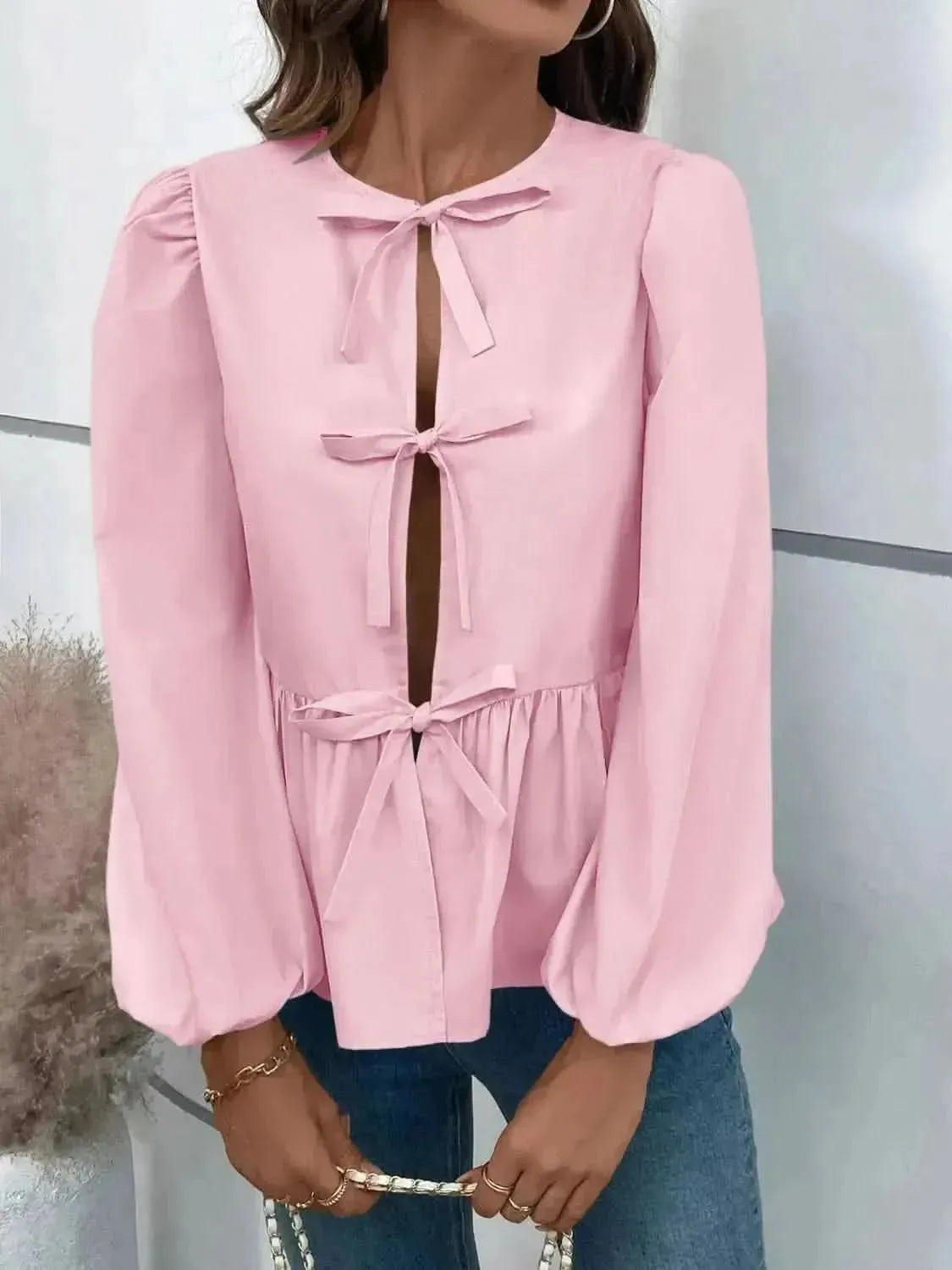 Ivy Lane Peplum Tied Long Sleeve Blouse - Bad Moms Club