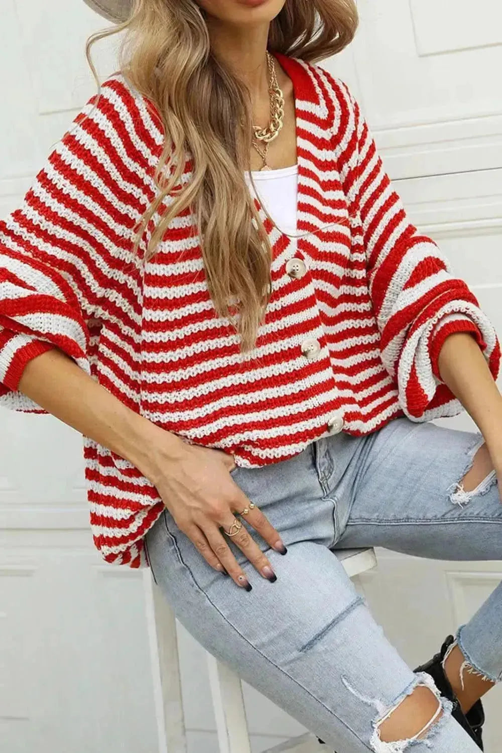Striped Button Up Long Sleeve Cardigan - Bad Moms Club