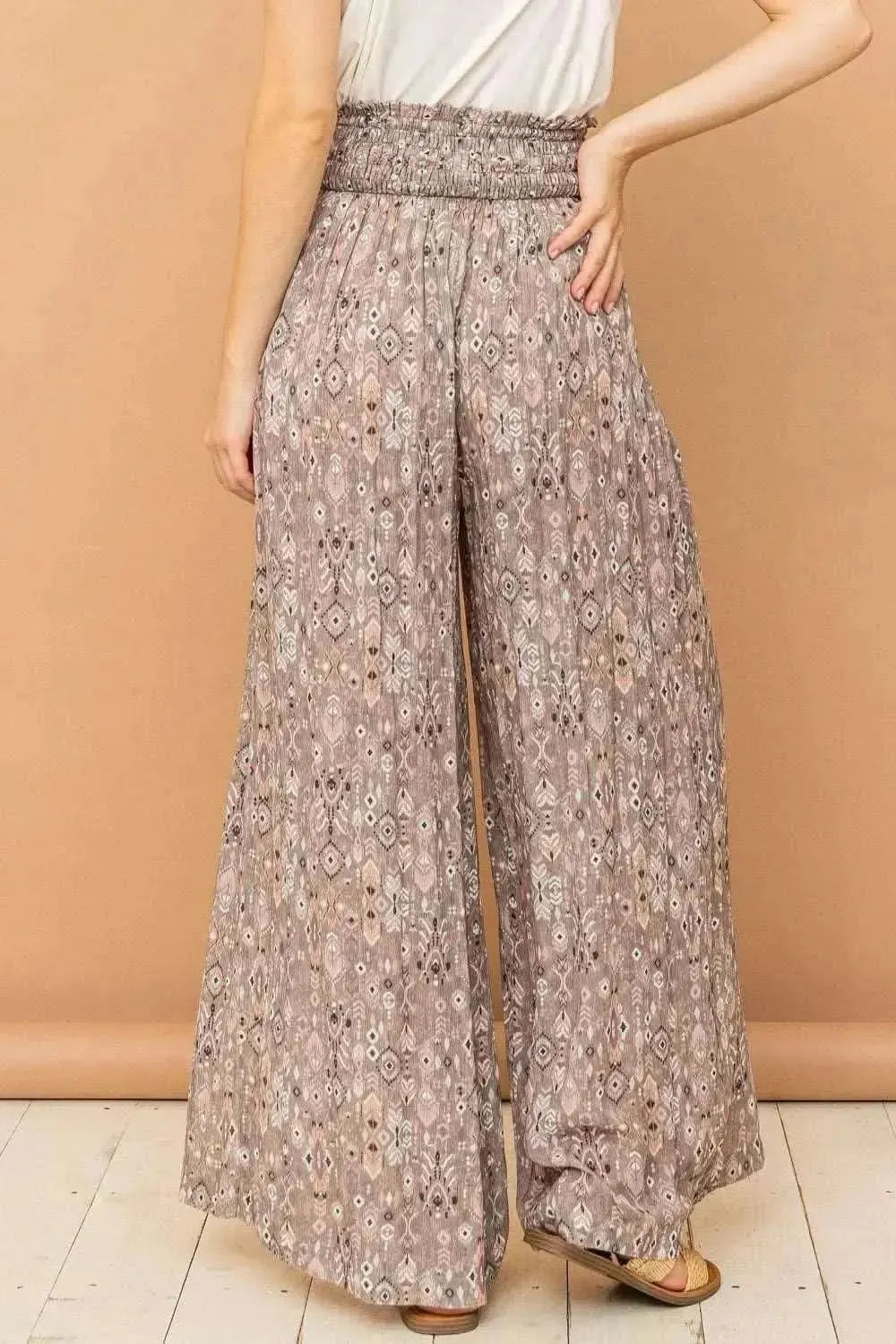 And The Why Printed Smocked Waist Slit Wide Leg Pants - Bad Moms Club