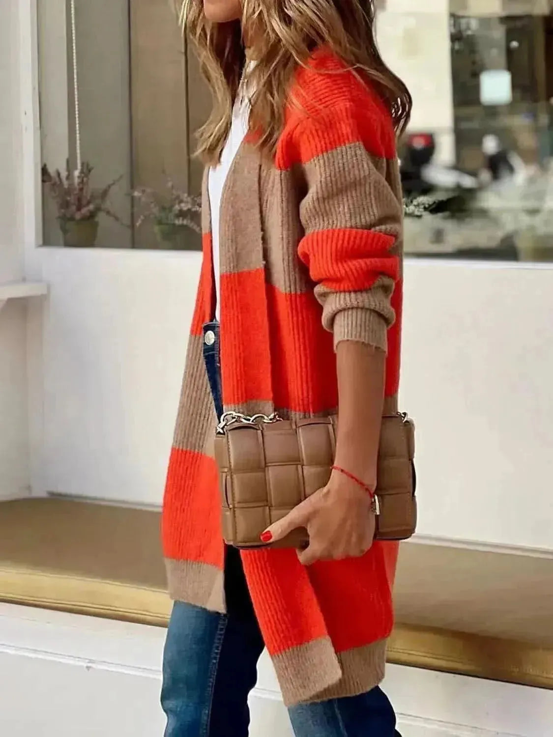 Contrast Open Front Long Sleeve Cardigan - Bad Moms Club
