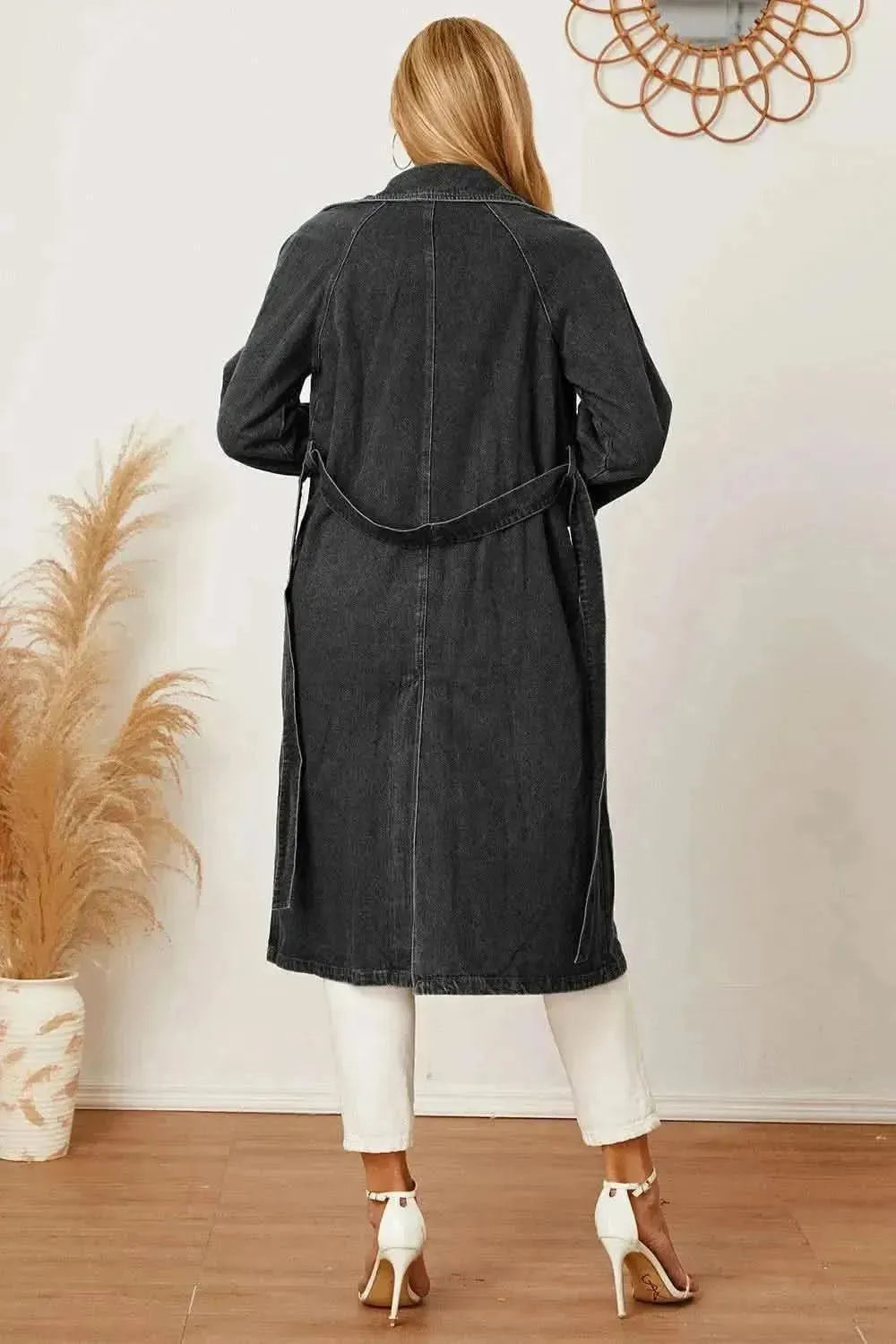 MeiMei Double-Breasted Belted Longline Denim Jacket - Bad Moms Club