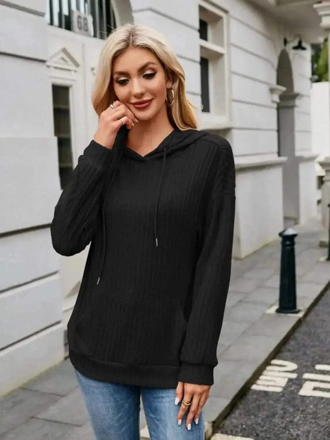 Ribbed Drawstring Long Sleeve Hoodie - Bad Moms Club