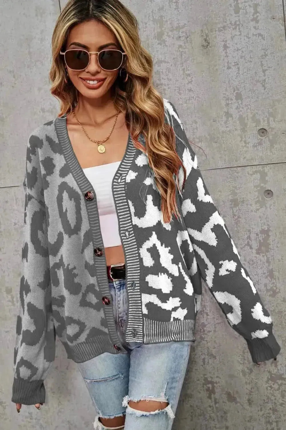 Leopard Button Front Ribbed Trim Cardigan - Bad Moms Club