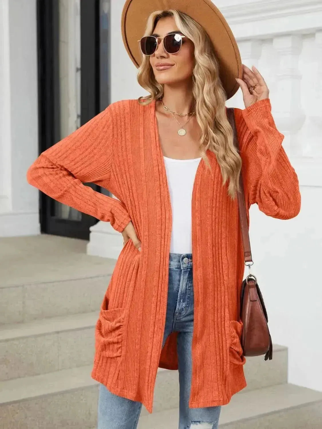 Pocketed Open Front Long Sleeve Cardigan - Bad Moms Club