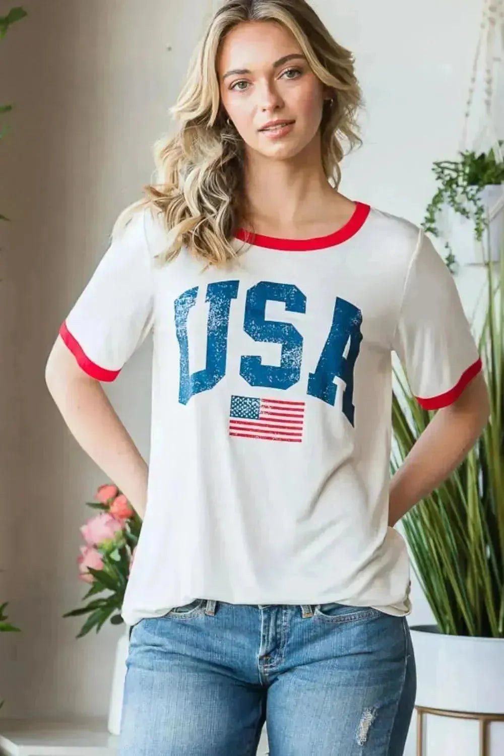 Heimish Full Size USA Contrast Trim Short Sleeve T-Shirt - Bad Moms Club