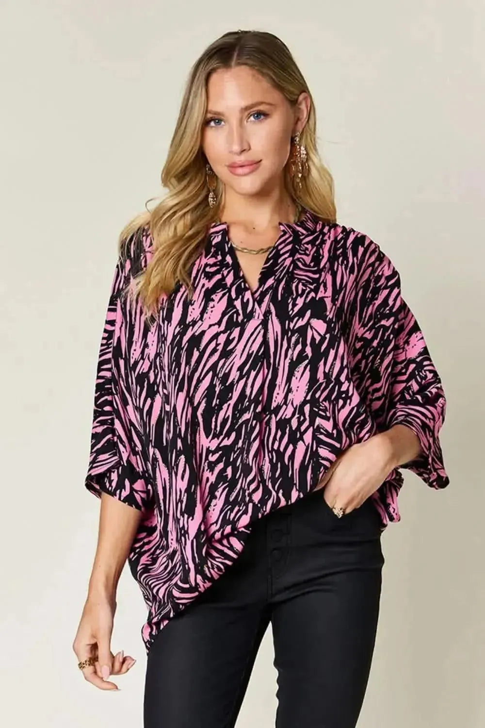 Double Take Full Size Printed Notched Three-Quarter Sleeve Blouse - Bad Moms Club