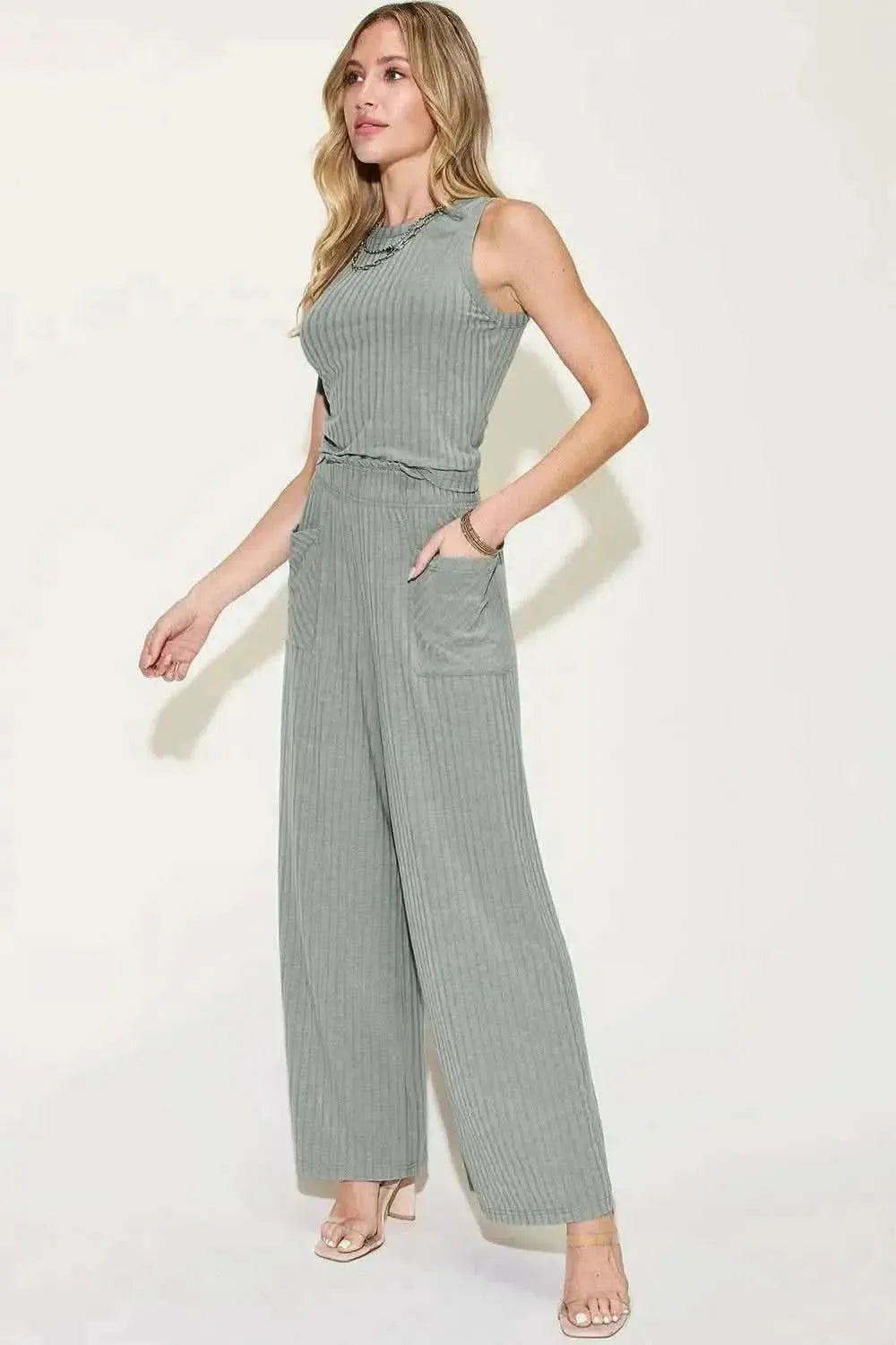 Basic Bae Full Size Ribbed Tank and Wide Leg Pants Set - Bad Moms Club