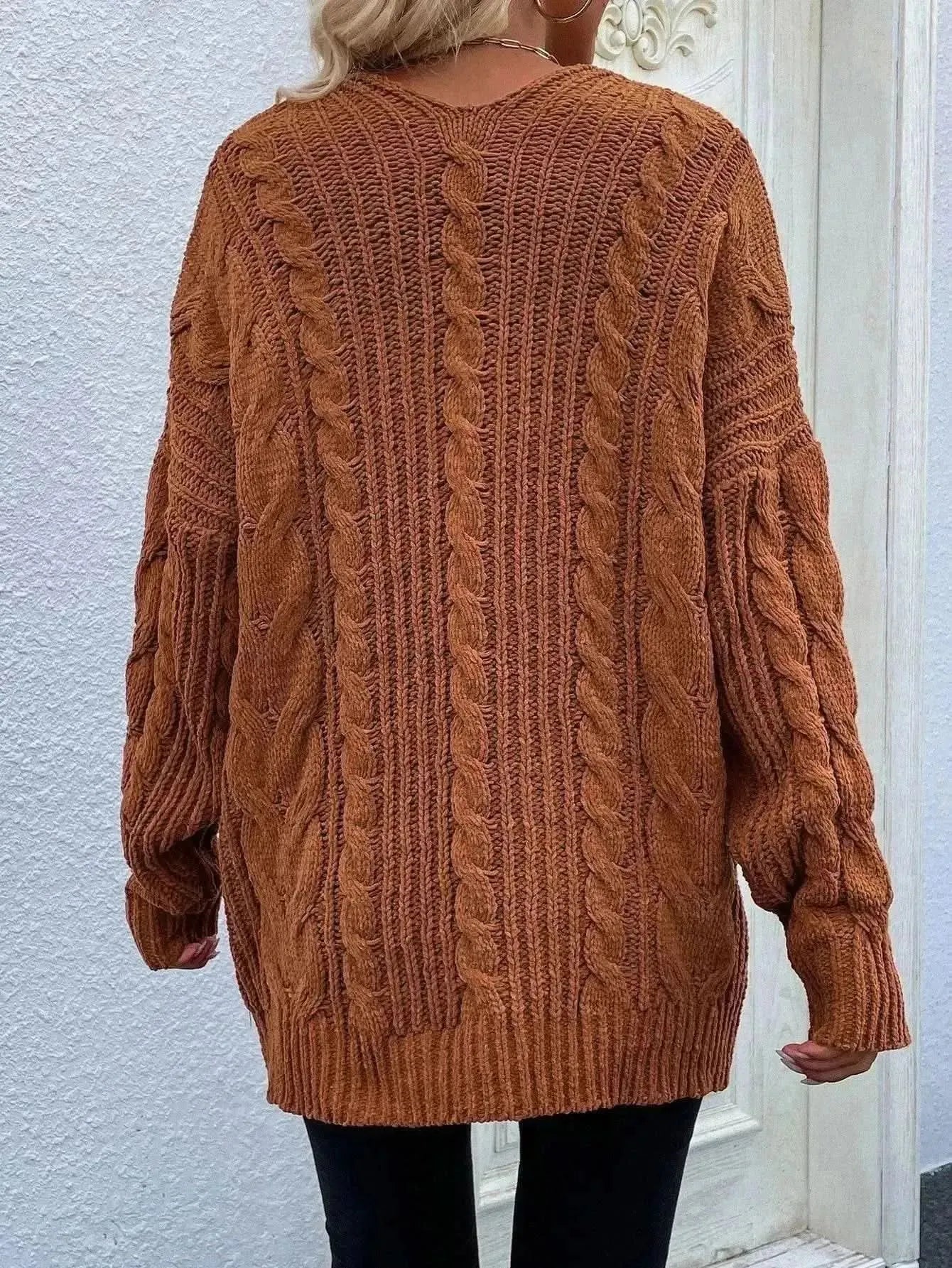 Woven Right Cable-Knit Open Front Cardigan with Front Pockets - Bad Moms Club