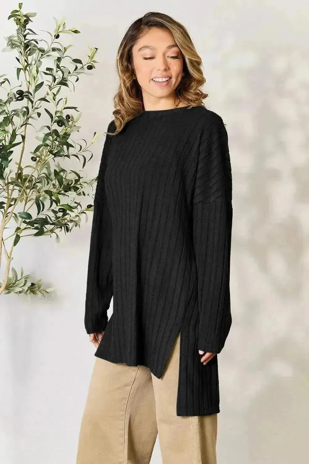 Basic Bae Full Size Ribbed Round Neck Long Sleeve Slit Top - Bad Moms Club