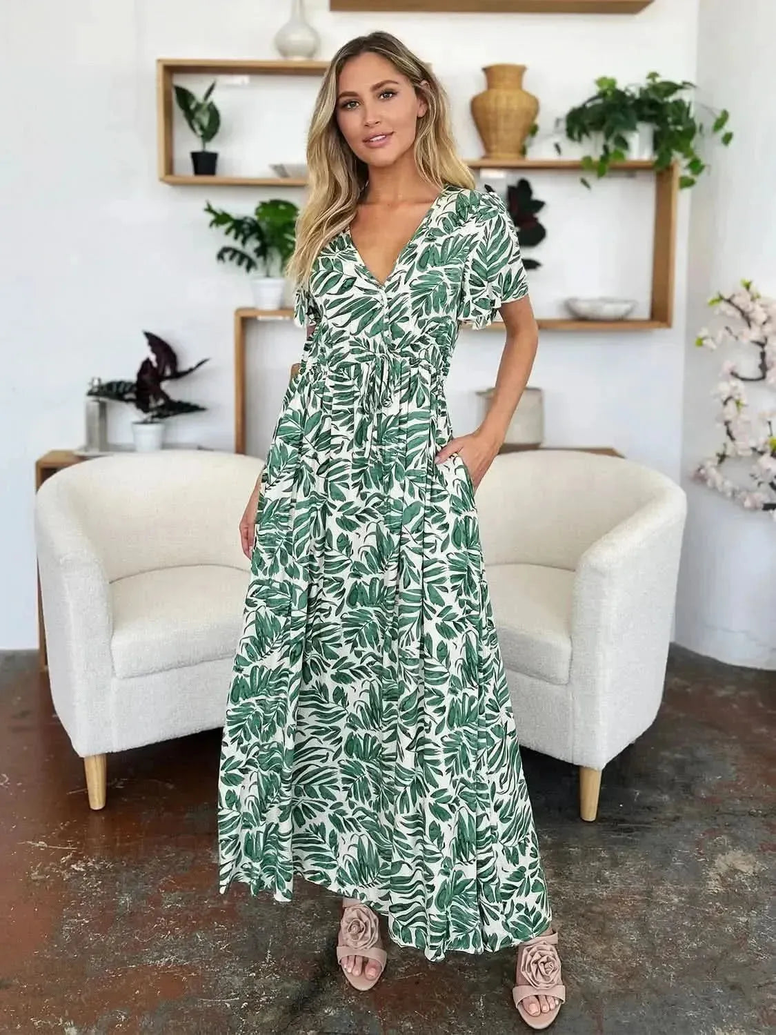 Double Take Full Size Printed Drawstring Short Sleeve Dress - Bad Moms Club