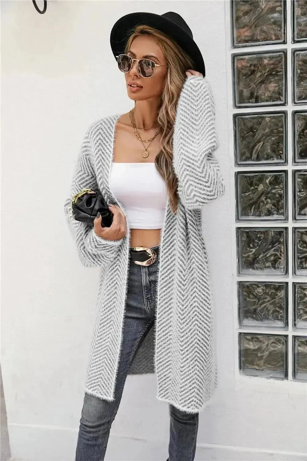 Herringbone Pattern Open Front Longline Fuzzy Cardigan - Bad Moms Club