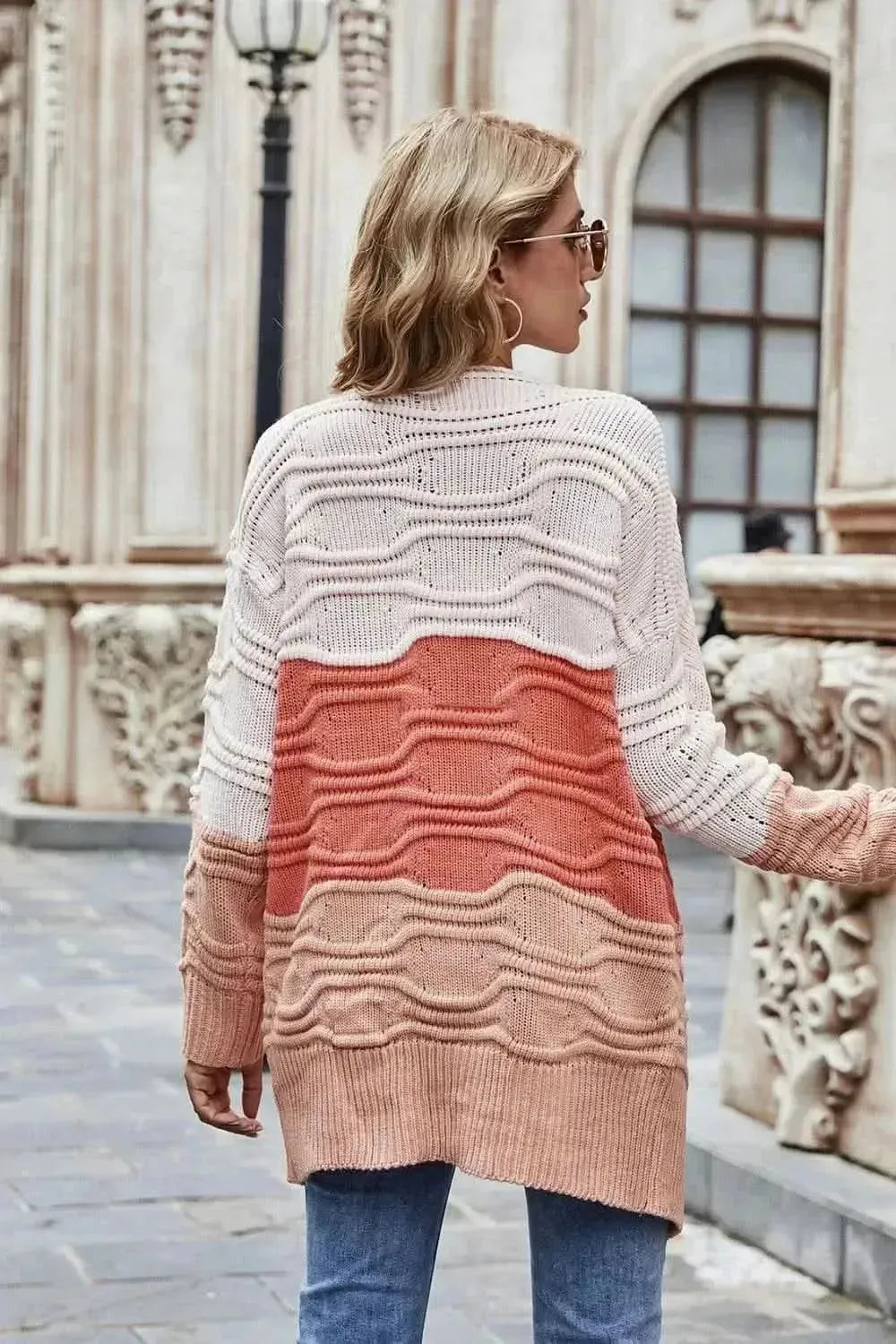 Color Block Openwork Open Front Cardigan - Bad Moms Club