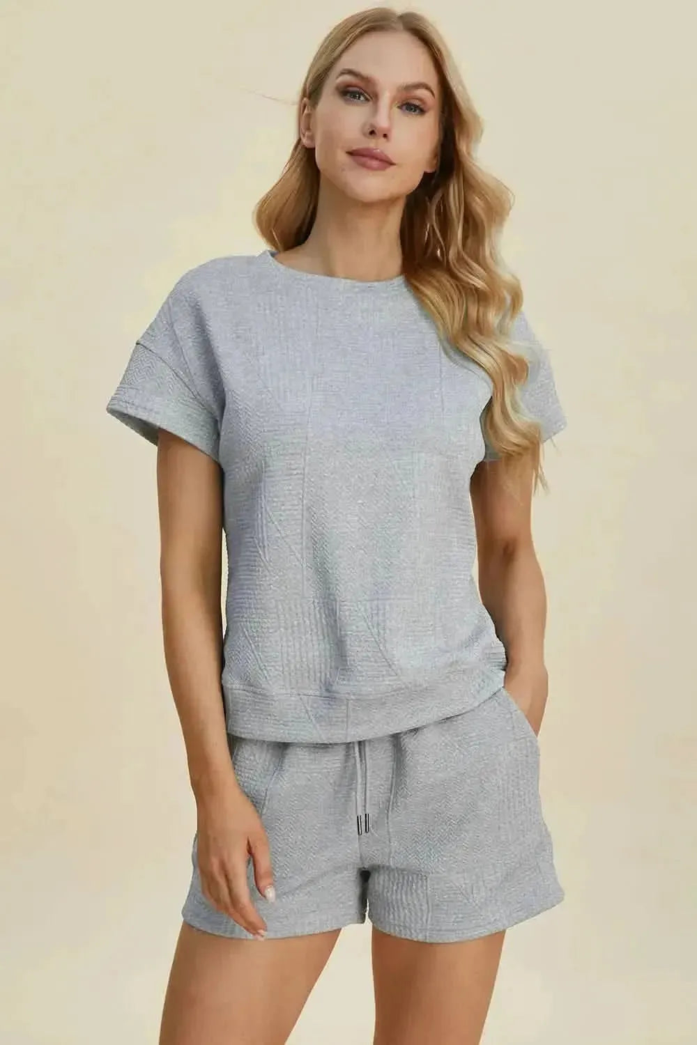 Double Take Full Size Texture Short Sleeve Top and Shorts Set - Bad Moms Club