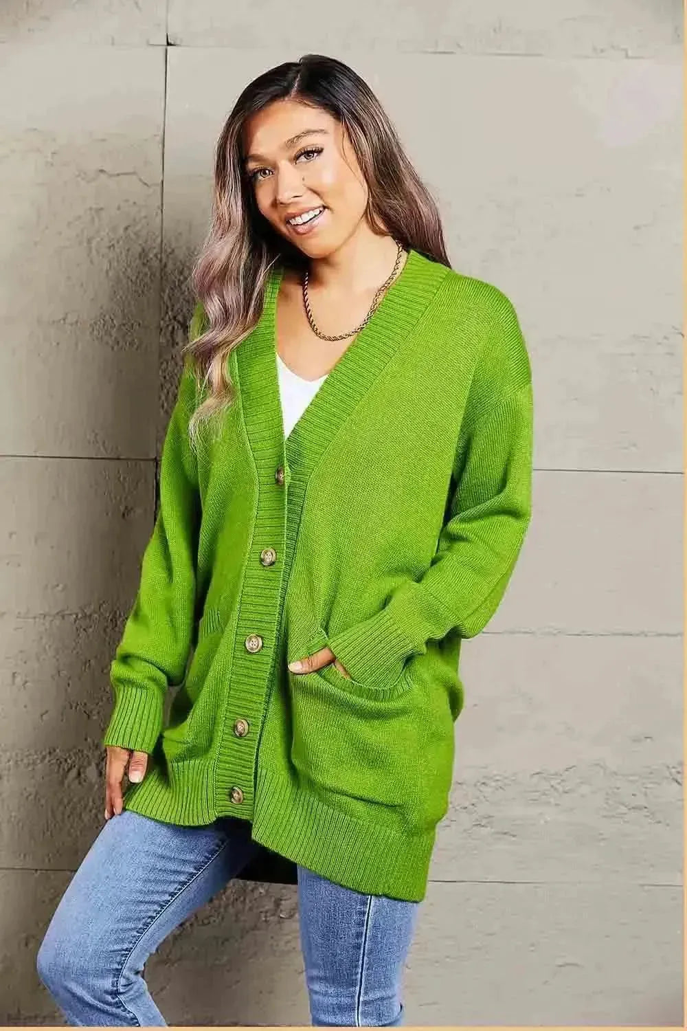 Ribbed Trim Dropped Shoulder Pocketed Cardigan - Bad Moms Club