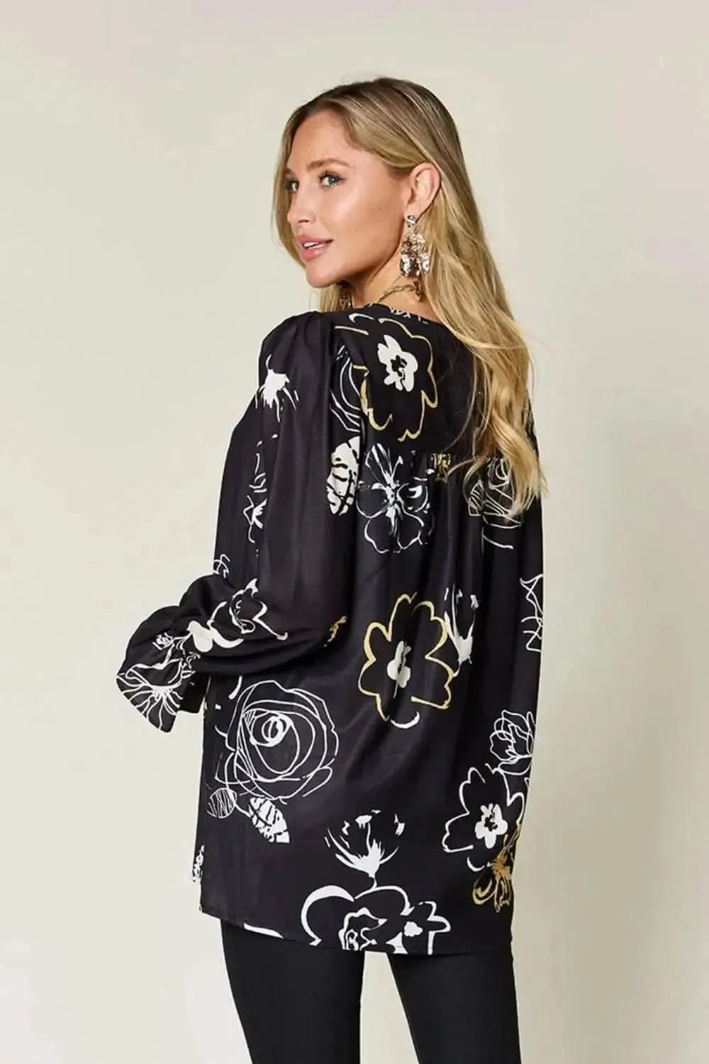 Double Take Full Size Printed Flounce Sleeve Blouse - Bad Moms Club