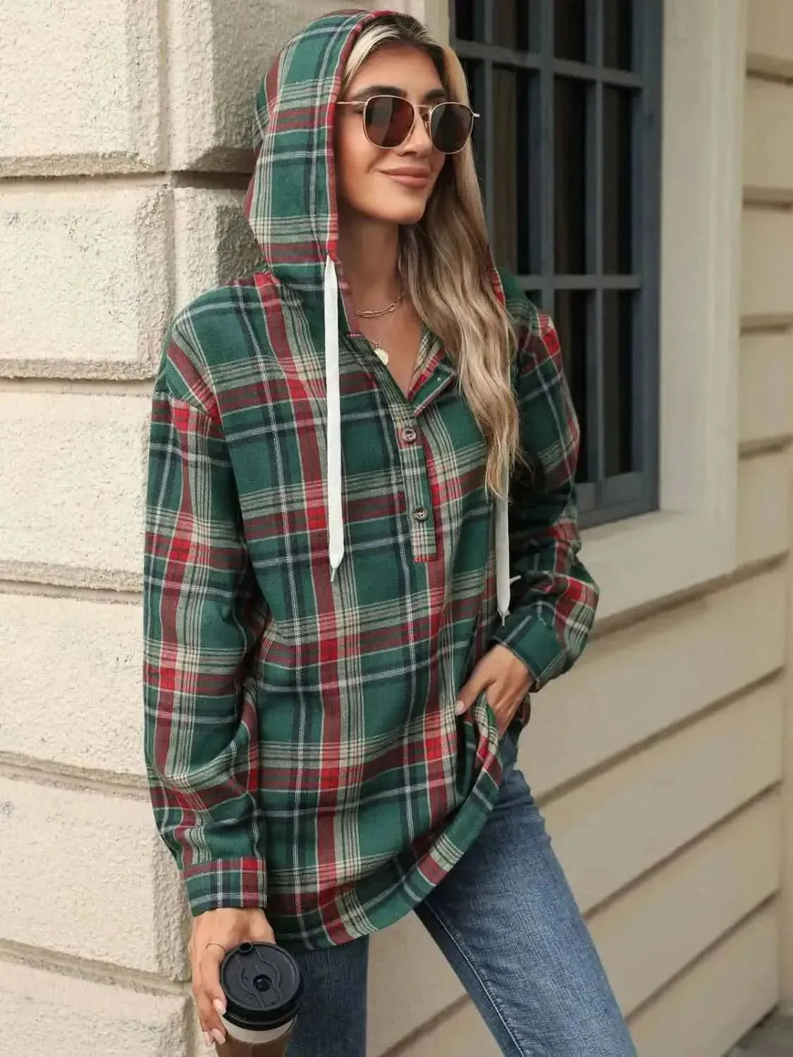 Drawstring Plaid Hooded Long Sleeve Top - Bad Moms Club