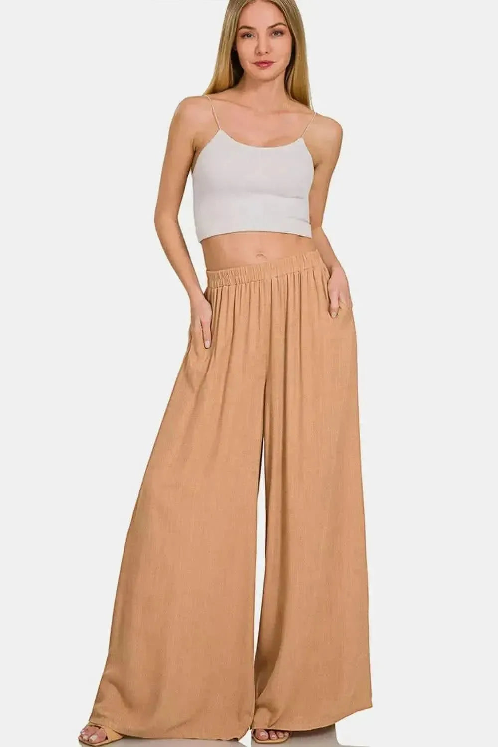 Zenana Pleated Linen Blend Wide Leg Pants - Bad Moms Club