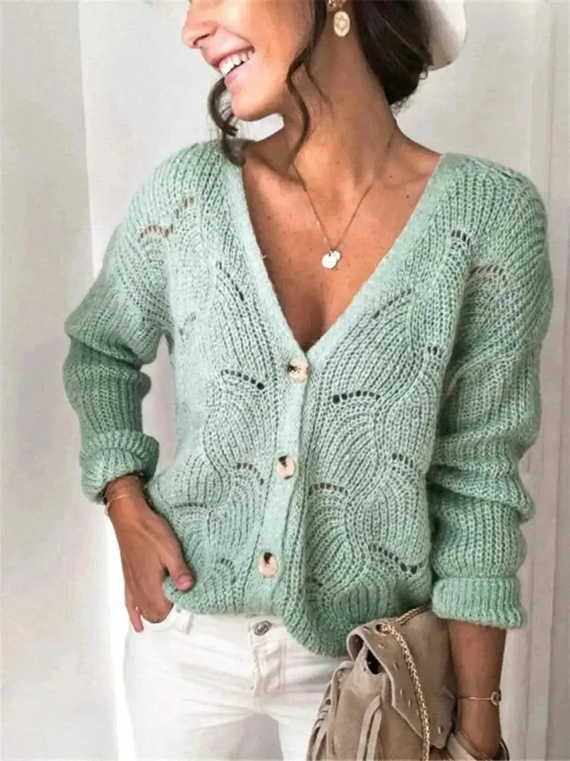 Openwork Button Up Long Sleeve Cardigan - Bad Moms Club