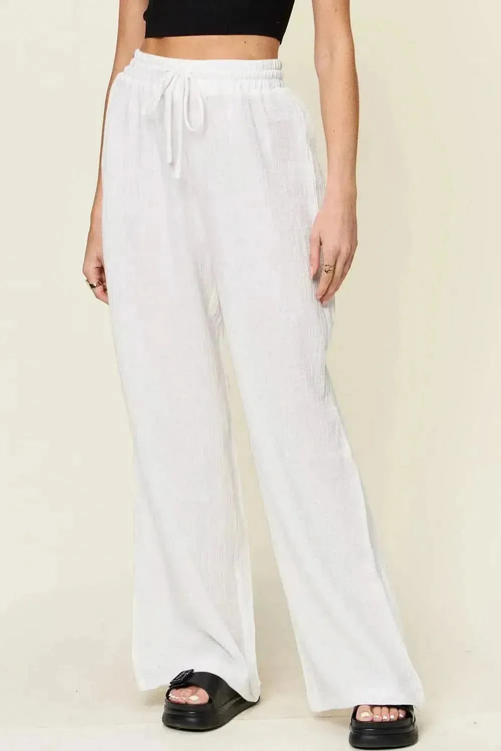 Double Take Full Size Texture Drawstring Wide Leg Pants - Bad Moms Club