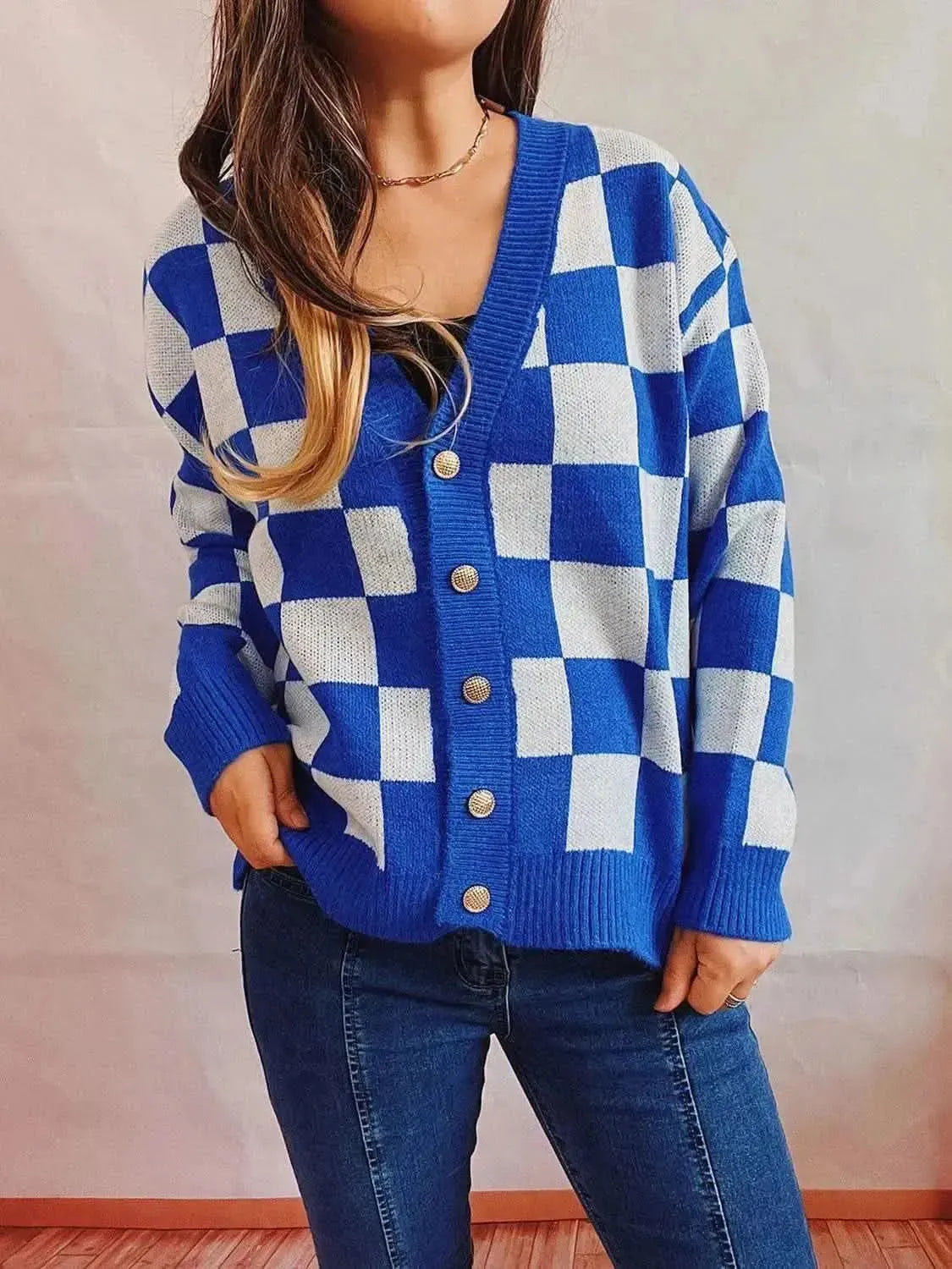 Checkered Open Front Button Up Cardigan - Bad Moms Club