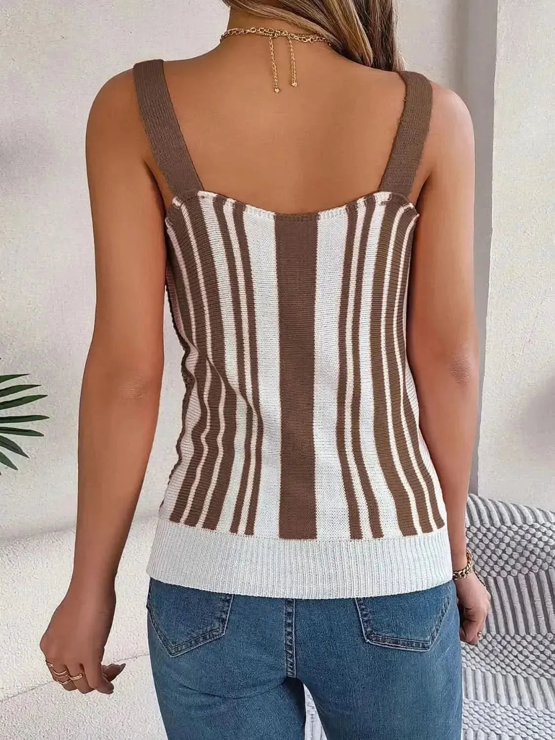 Openwork Striped V-Neck Tank - Bad Moms Club