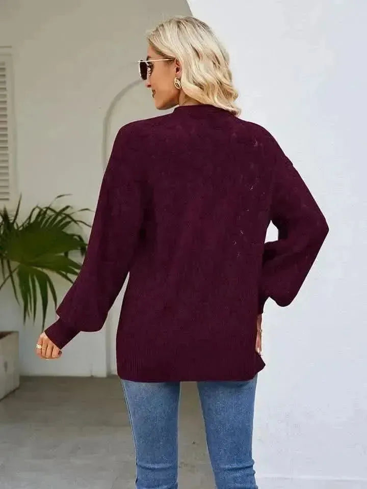 Openwork Open Front Lantern Sleeve Cardigan - Bad Moms Club