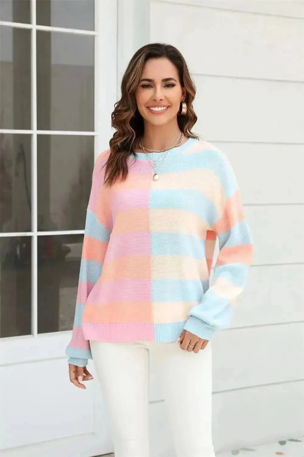 Angel Wings Round Neck Long Sleeve Color Block Dropped Shoulder Pullover Sweater - Bad Moms Club