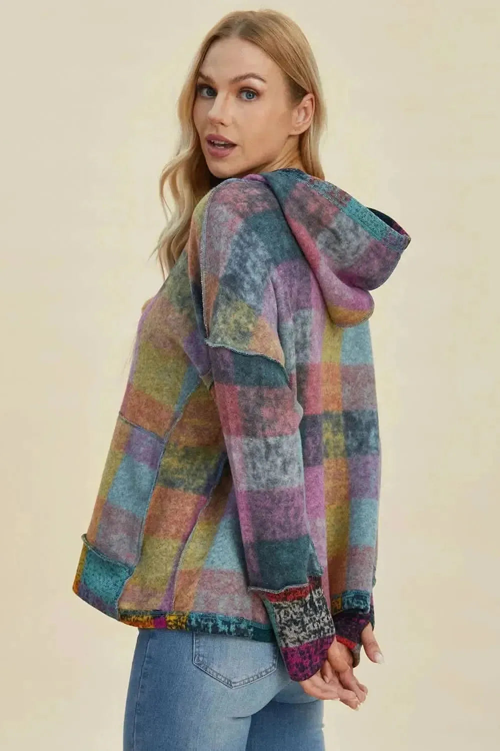 Double Take Full Size Plaid Dropped Shoulder Fleece Hoodie - Bad Moms Club