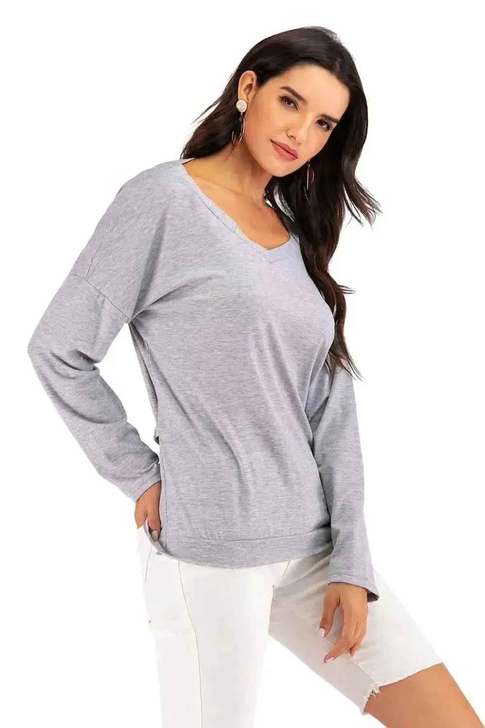 Perfee V-Neck Drop Shoulder Open Back Sweatshirt - Bad Moms Club