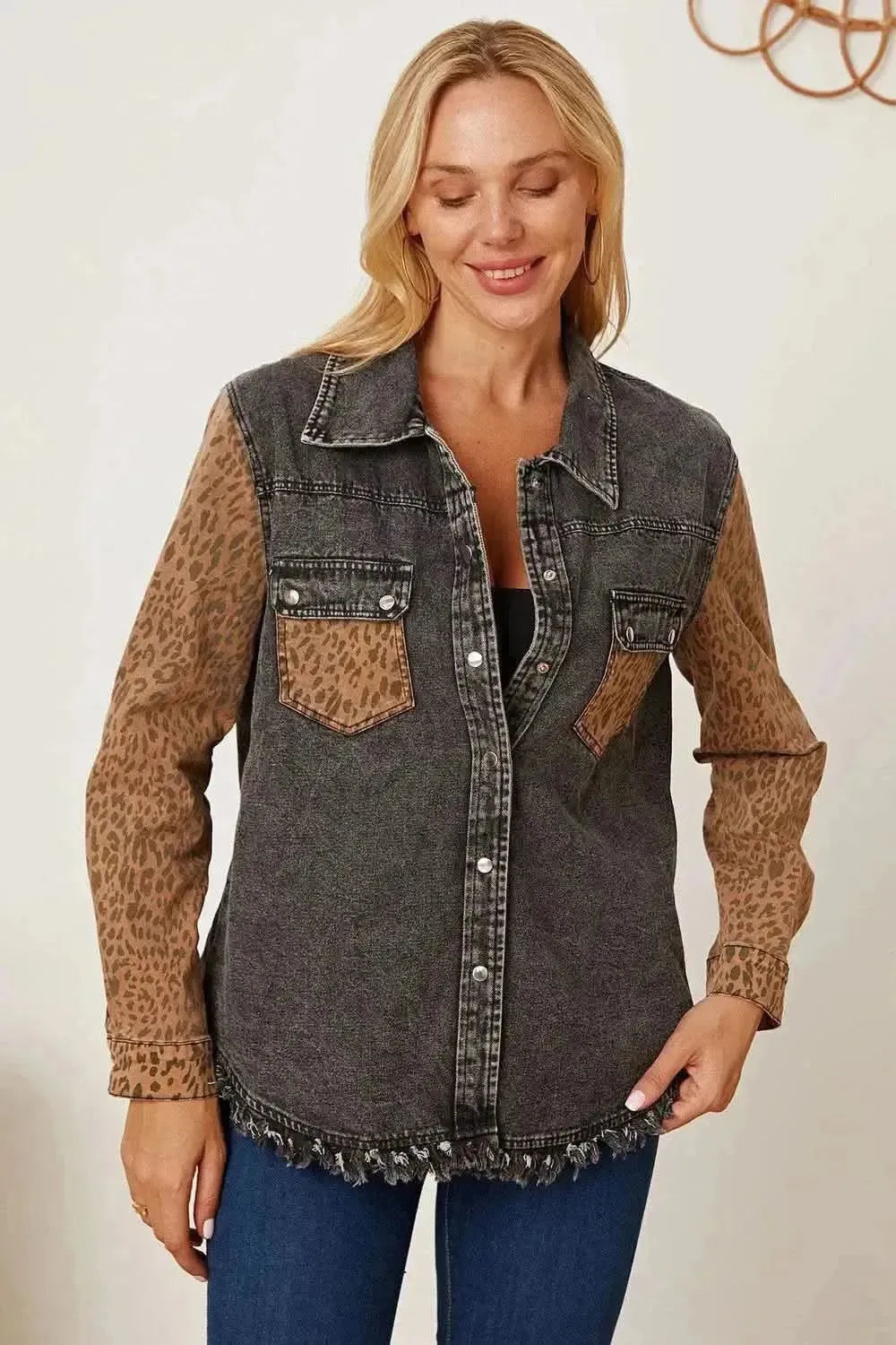MeiMei Leopard Raw Hem Pocketed Denim Jacket - Bad Moms Club