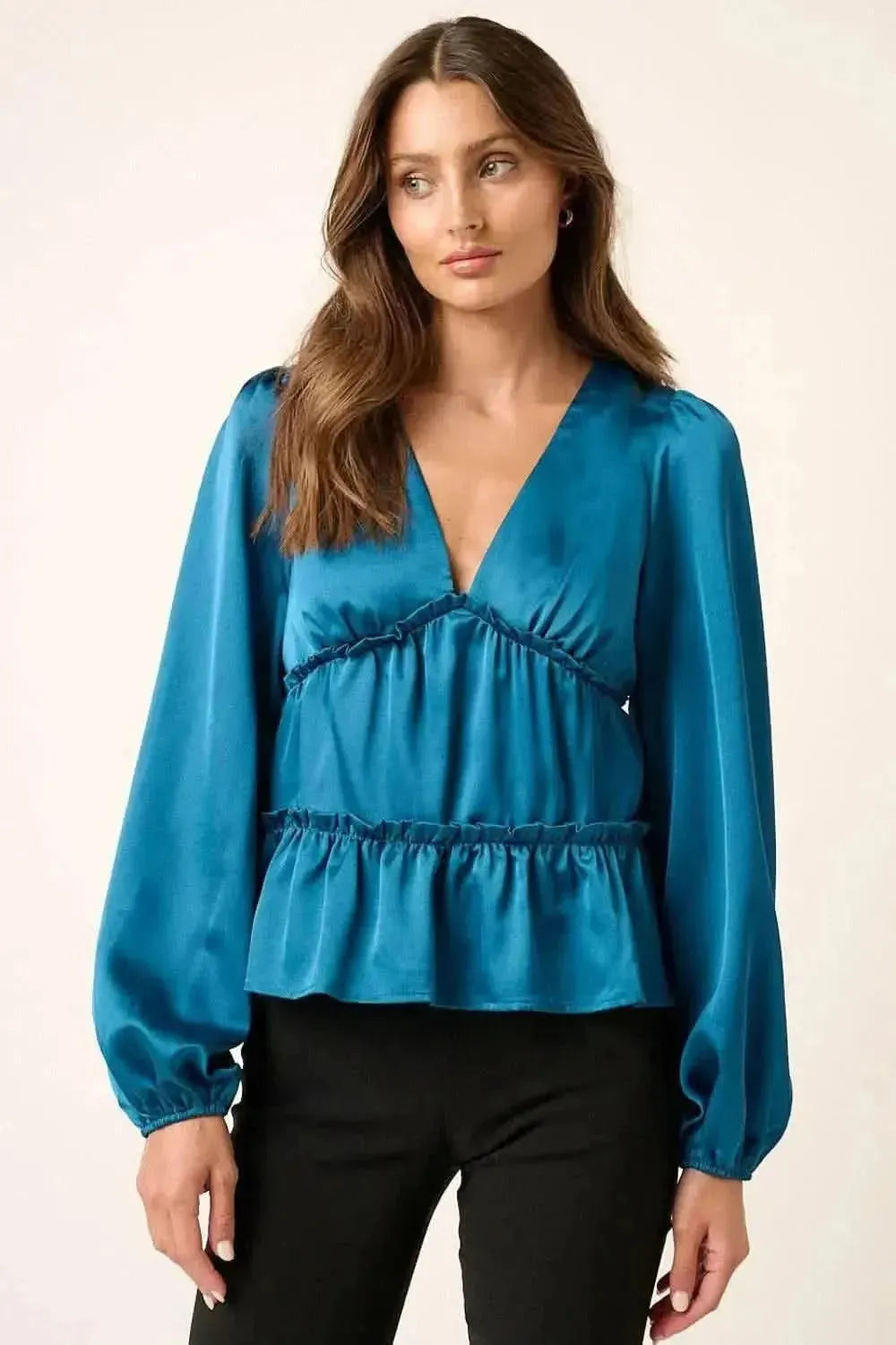 Mittoshop Satin V Neck Ruffled Tier Blouse - Bad Moms Club