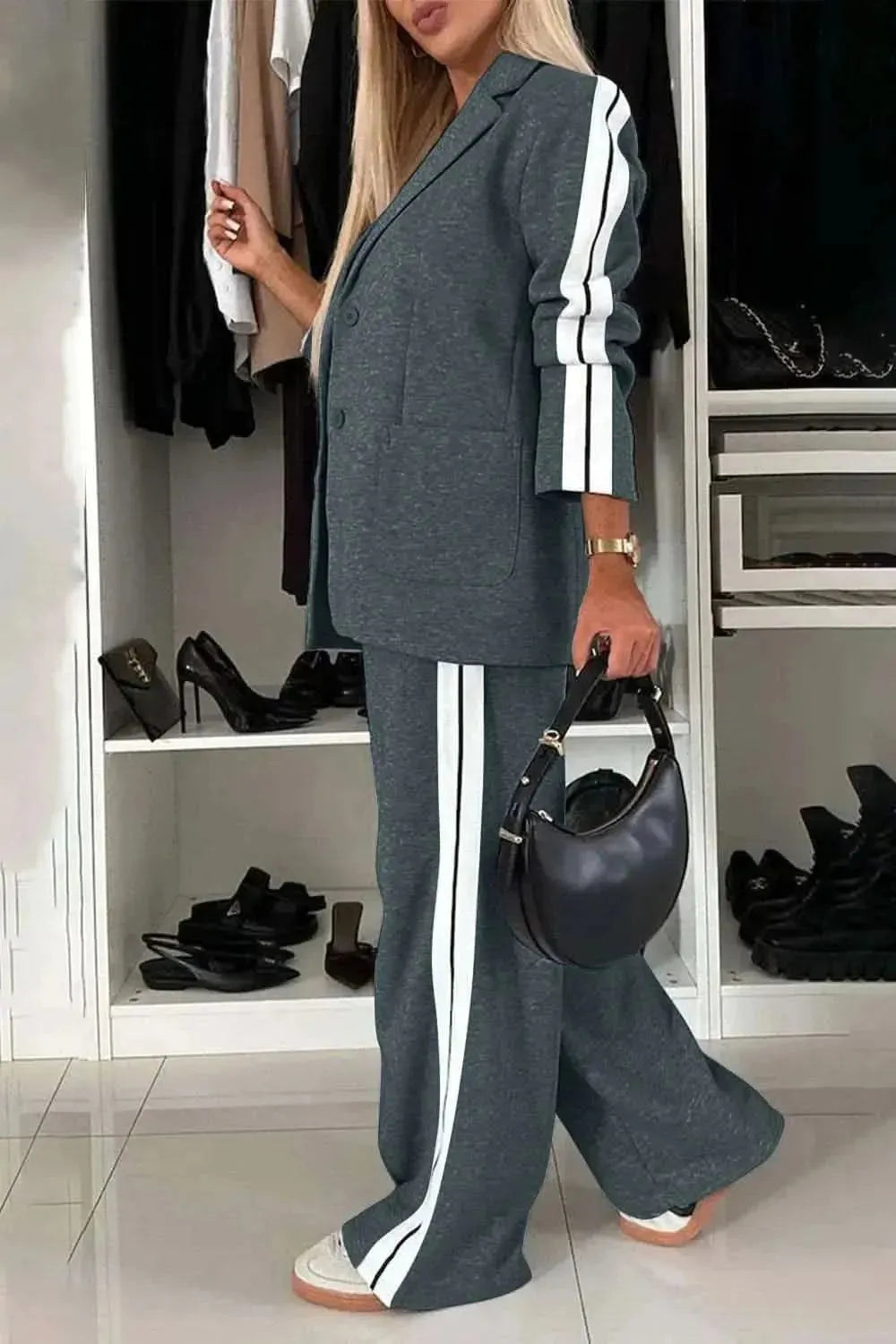 Full Size Contrast Lapel Collar Top and Pants Set - Bad Moms Club