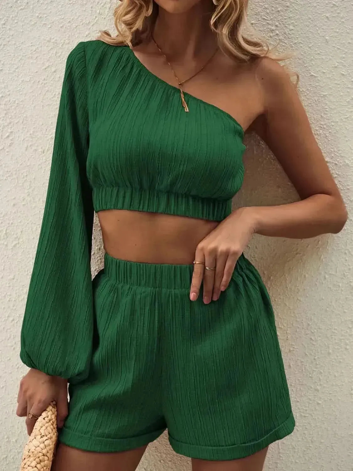 Honey One Shoulder Long Sleeve Top and Shorts Set - Bad Moms Club