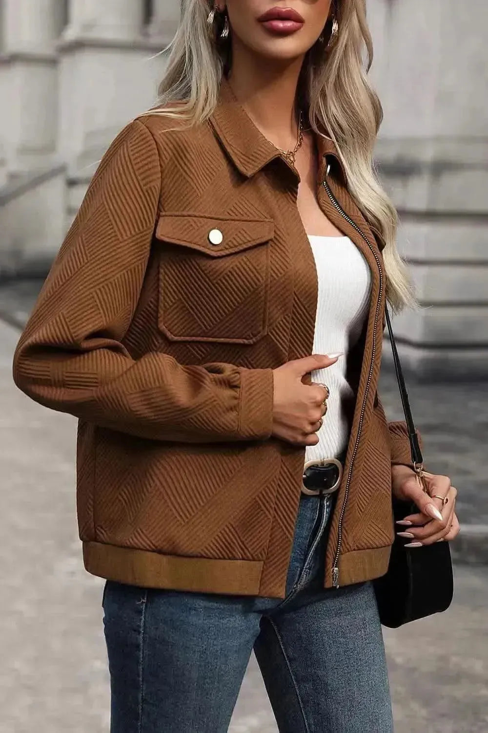 Textured Zip Up Collared Neck Jacket - Bad Moms Club