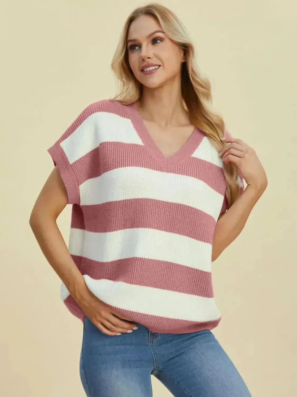 Double Take Full Size Striped V-Neck Short Sleeve Sweater - Bad Moms Club