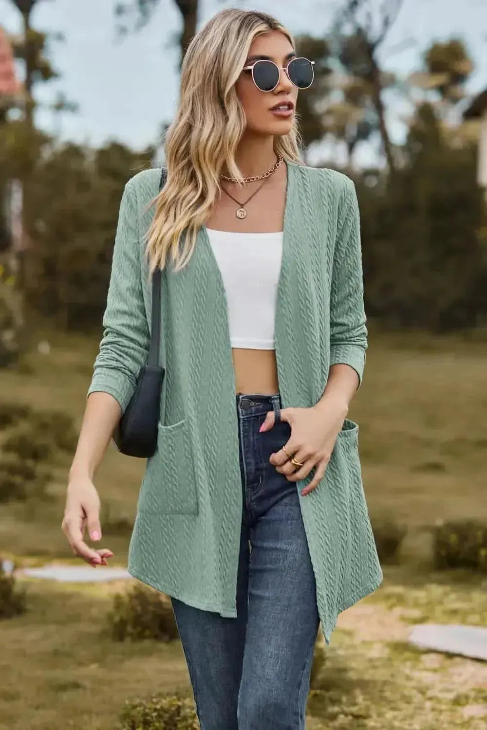 Cable-Knit Long Sleeve Cardigan with Pocket - Bad Moms Club